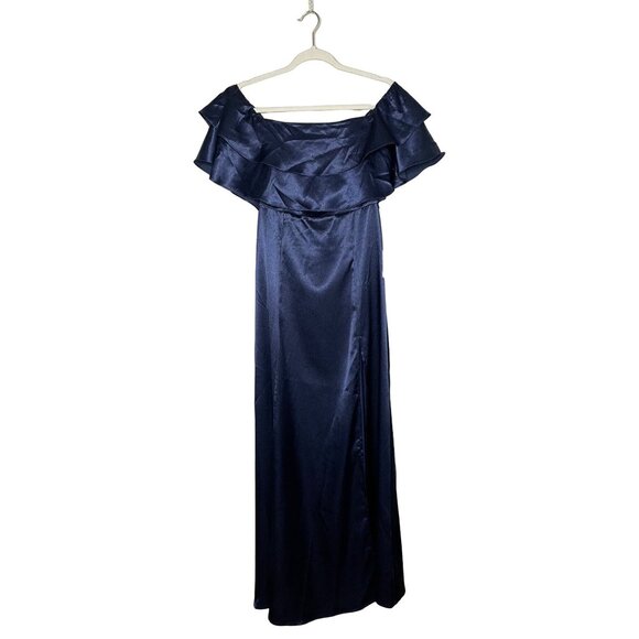 Lulus Pure Happiness Navy Blue Dress Size Small Satin Off-the-Shoulder Long New - Picture 2 of 12
